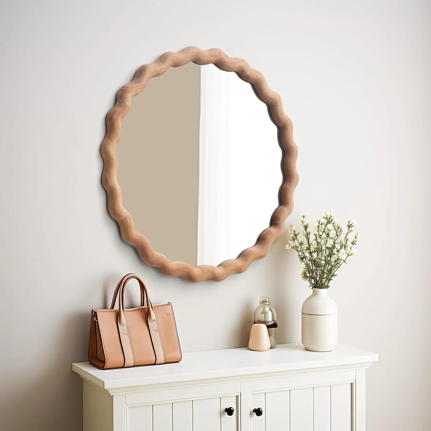 24 Inch Natural Wood Wavy Irregular Rustic Wall Mirror Farmhouse Decor For Living Room Fireplace Bedroom