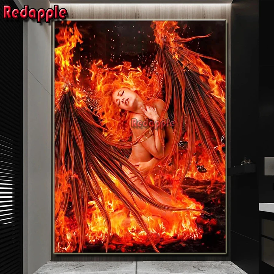 Diamond Embroidered Painting for Home Decoration, Fire Angel, Beautiful Girl with Wings, Full Square and Round Drill, DIY