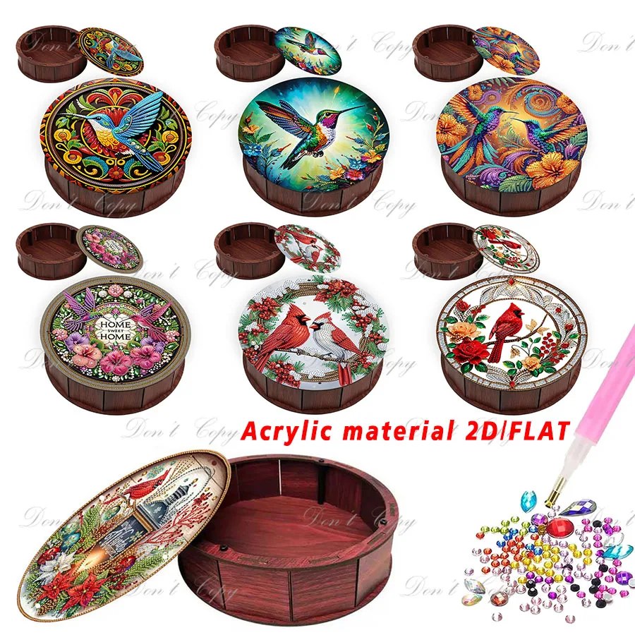Una caja de almacenamiento redonda de diseño creativo con patrones de cardenales y gorriones pintados de diamantes: un delicioso regalo sorpresa.