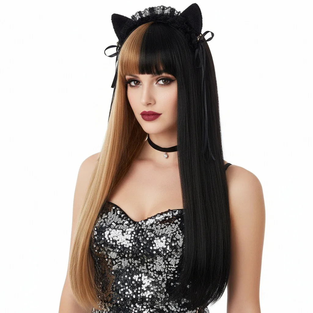 

MSIWIGS Y2K Lolita Blonde And Black Synthetic Wigs Two Tone Color Cosplay For Party Wig