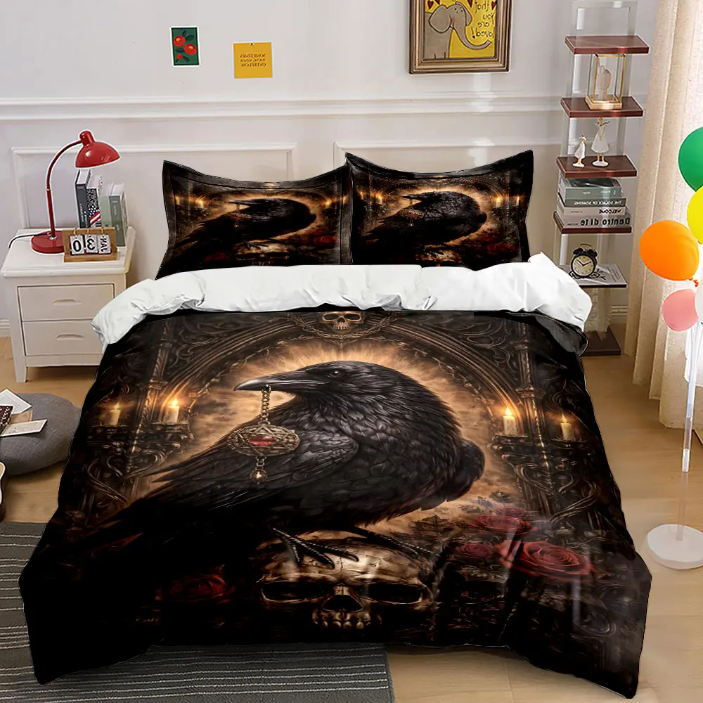 Raven, Skull, and Red Roses Print Bedding Set 1 Duvet Cover 2 Pillowcases for Adult and Children Luxury Gift Full Size