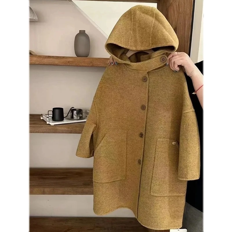 Girls coat children tweed jacket autumn and winter 2025 new boys double-sided tweed thickened sandwich cotton long wind coat