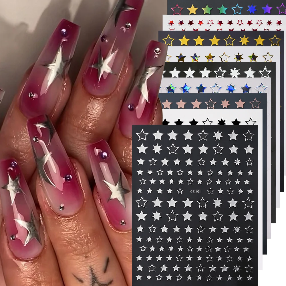 1pc Y2K Star Nail Art Sticker Gold Silver Pentagrams Bronzing Stars Moon Adhesive Slider Laser Decals Manicure Decoration 8*10cm