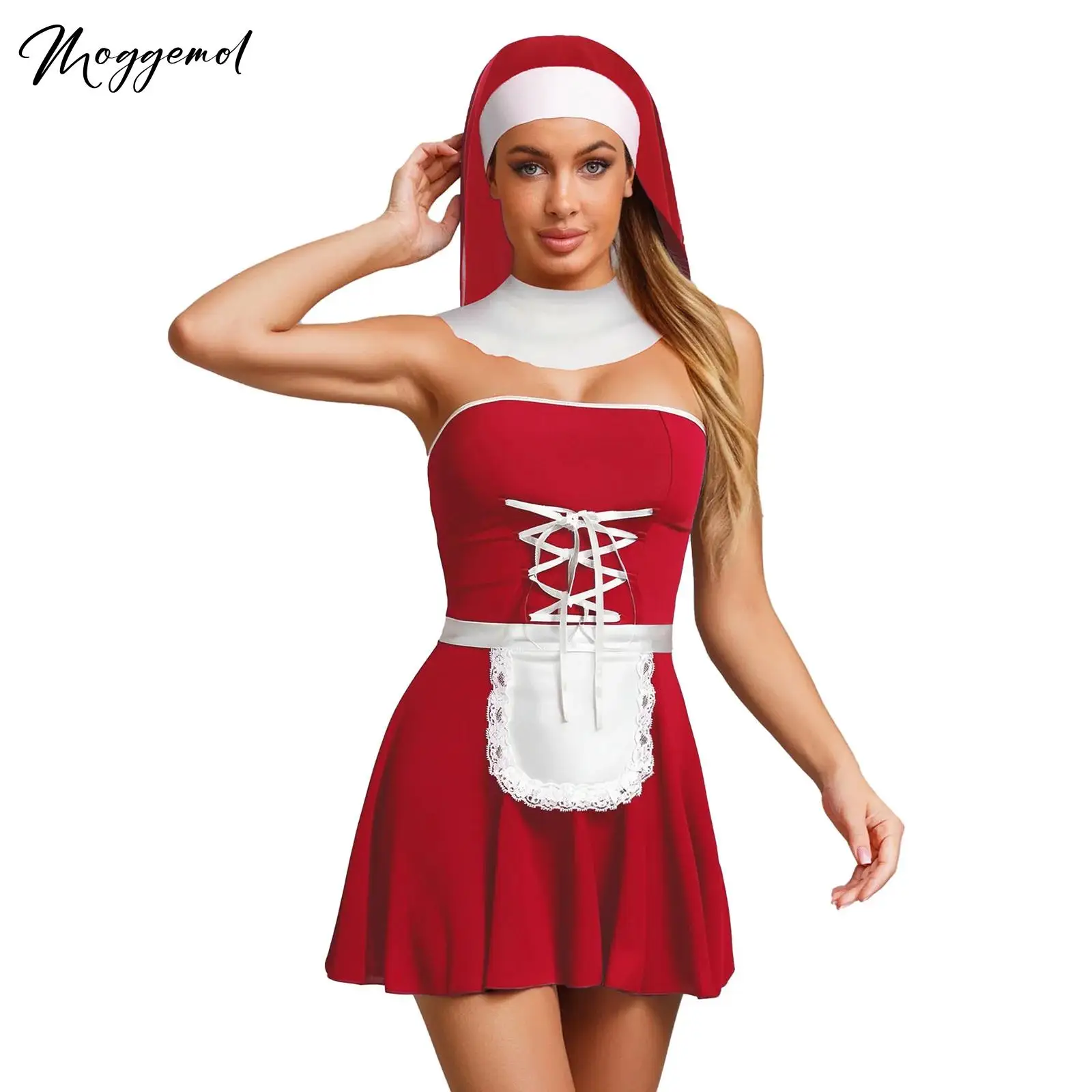 

Womens Nun Maid Cosplay Lingerie Set Strapless Mini Dress with T-back Thong Headwear Collar Apron 5-piece Outfit for Halloween