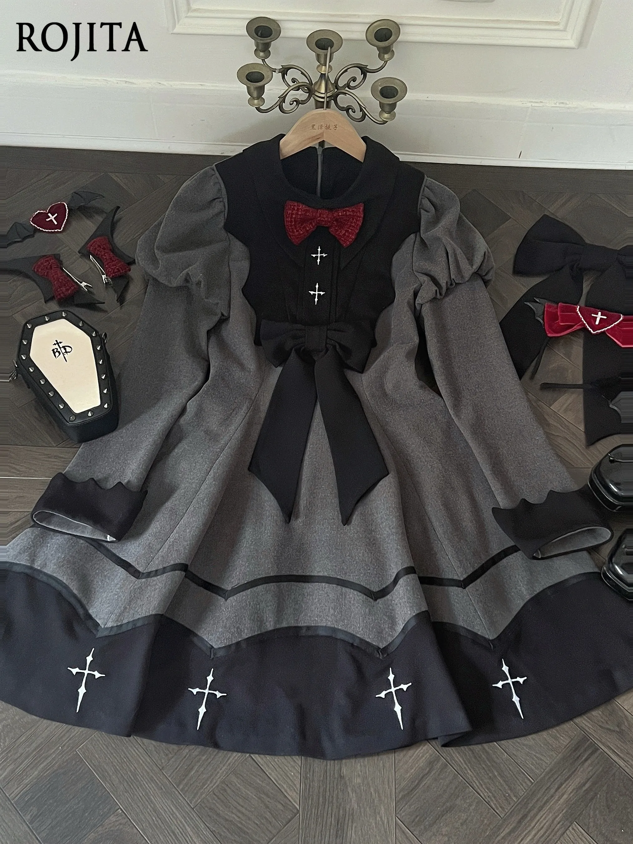 

Vampire Princess Long Sleeve OP Black Gray Lolita Halloween Bat Theme Solid Color Gothic Dress Vintage Puff Sleeve Dress