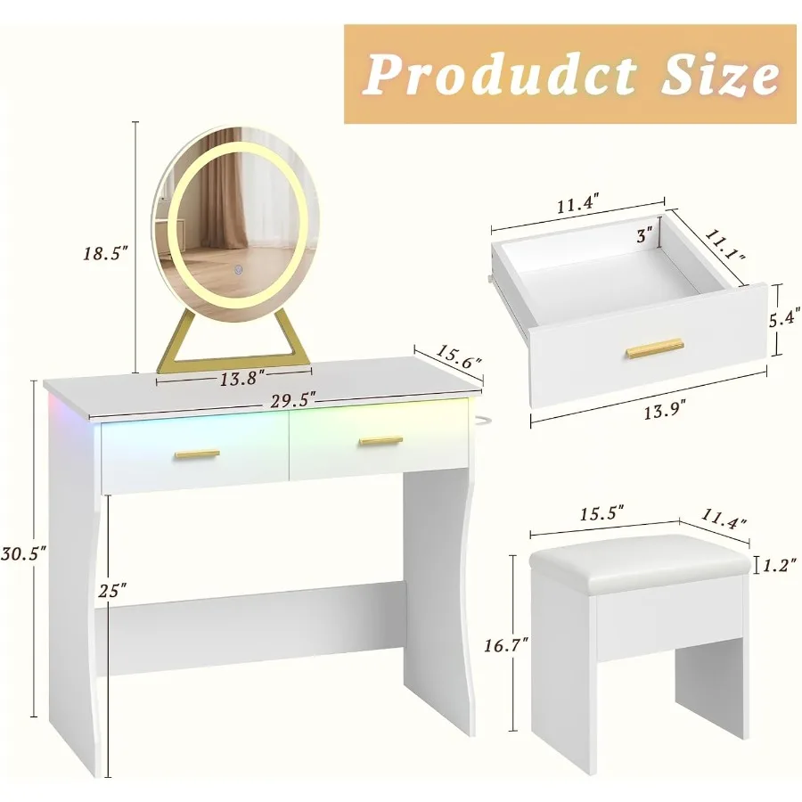 Small Makeup Vanity Desk with Mirror and Lights, White Vanity Table with Chair Set, 2 Storage Drawers, RGB Ambient Light, Power