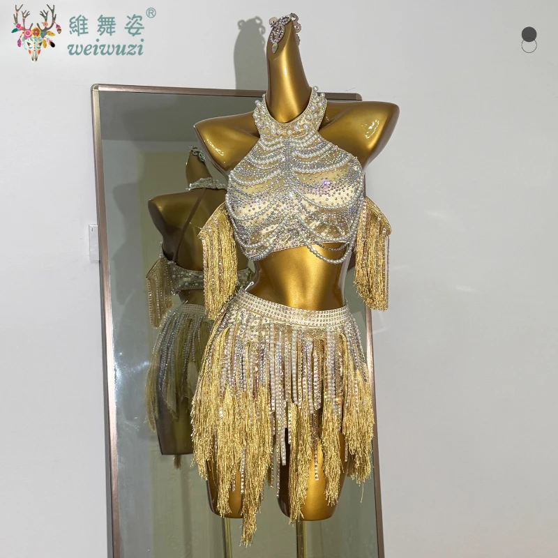 أزياء مسابقة الرقص اللاتينية رائعة لؤلؤة علوية + تنورة قصيرة شرابة 2 قطعة ملابس أداء التانغو السامبا رومبا النسائية #5
