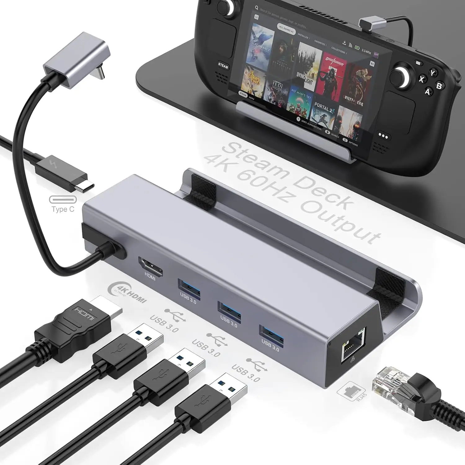 Docking Station HUB for Steam Deck, 4K 60Hz HDMI 2.0 Dock with Gigabit Ethernet,3 USB-A 3.0,100W Full Speed Charging USB type-C