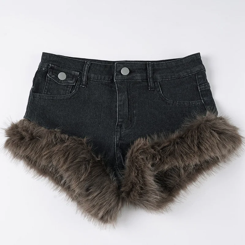2026 New Retro Fluffy Splicing Denim Shorts Spice Girl Warm Fashion Low Waist Hip Hot Pants Women
