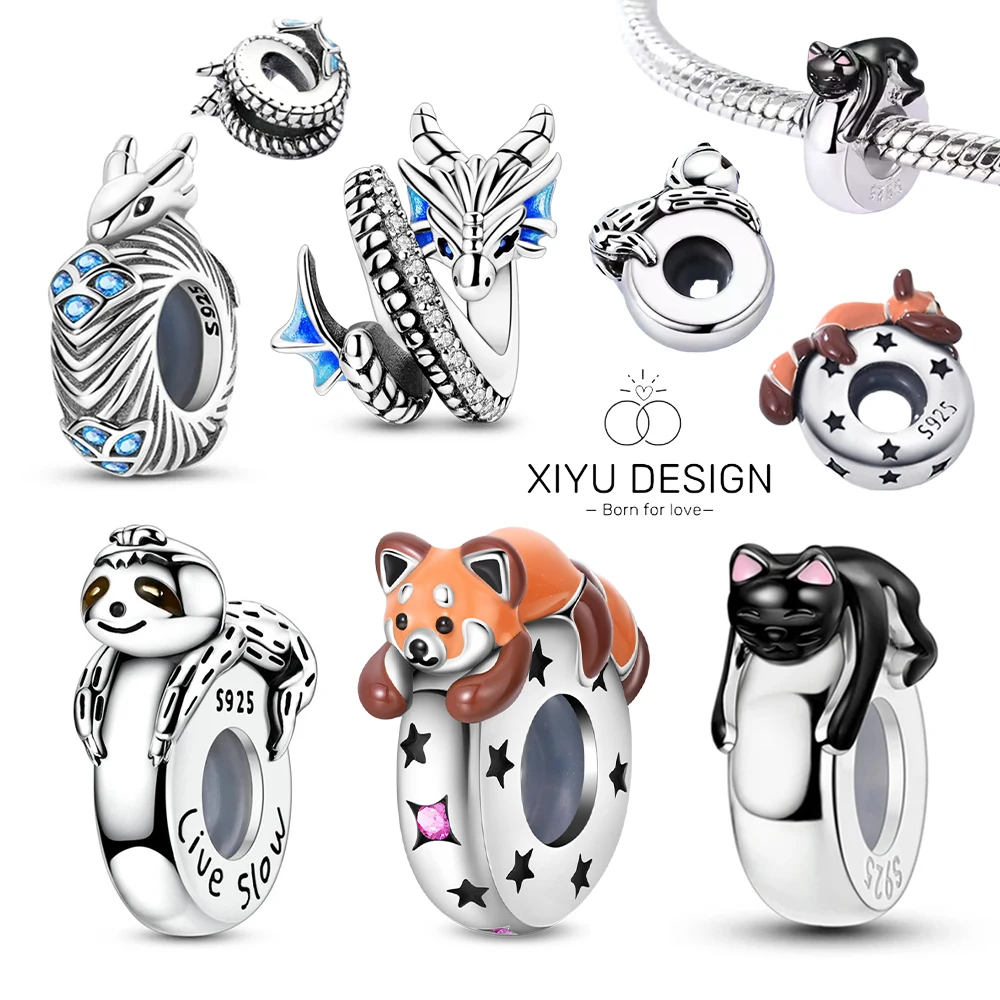 925 Silver Cute Raccoon Sloth Black Cat Clip Charms Zircon Silicone Spacer Fit Original Beads  for Bracelet Women DIY Gift Party