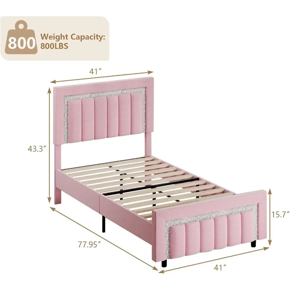 Twin Bed Frames with Headboard, Pink Upholstered Bed Frame with Velvet Vertical Channel Diamond Headboard, Twin Bed Frames