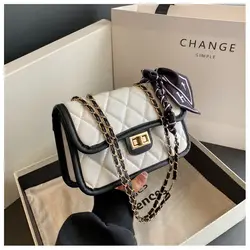 White Female's PU Leather Shoulder Bag Solid Color Rectangle Shape Diamond Jacquard Flip Bag with Metal Chain Shoulder Strap