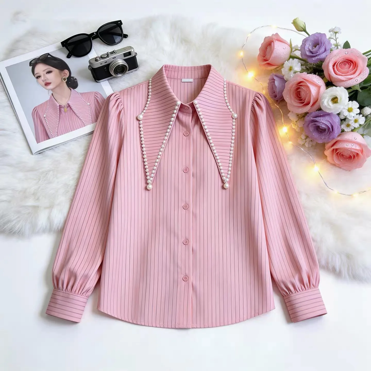 Elegant Pink Striped Patchwork Collar Shirt Women's Unique Design Beautiful Loose Long Sleeve Top Early Spring Polyester