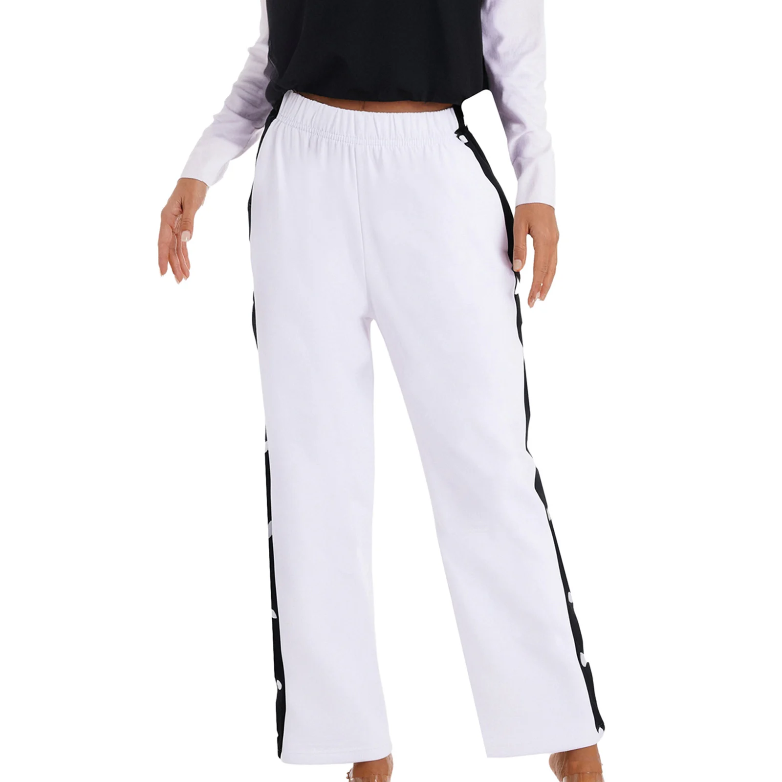 

Women Color Block Wide Leg Sweatpants Tear Away Loose Long Pants Elastic Waist Side Pockets Side Pressing Buttons Pants