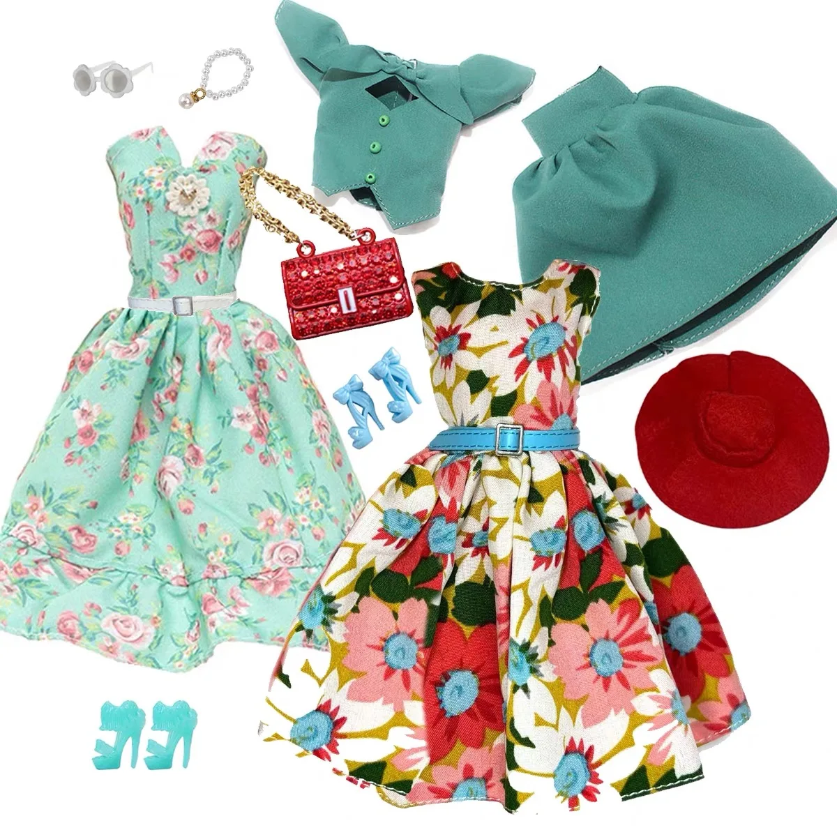 

Dreamy Flower Fairy Sweet Floral Print Dress+Handbag+Shoes Set For 1/6 FR Babi Supermodel Doll Dress Up 30cm Doll Clothes Parts