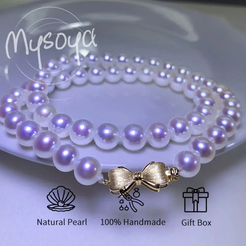 

MYSOYA Японское жемчужное ожерелье Akoya с морской водой 7,5-8 мм, золотое S925, серебристая пряжка с бантом, подарочная коробка для нее, для дня рождения, свадьбы