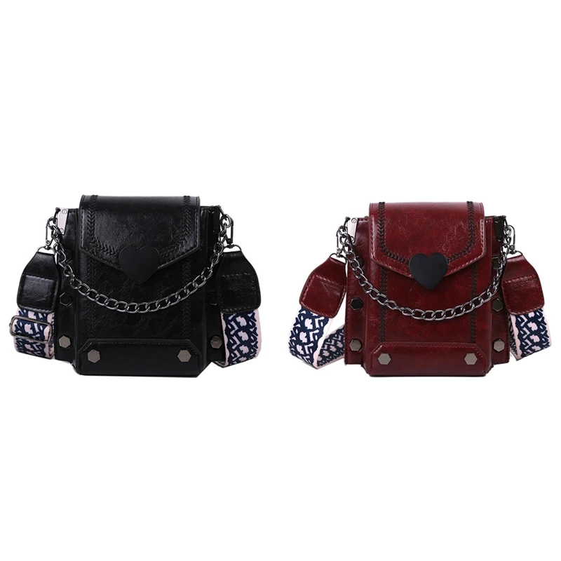 

2 Pcs Women's Korean Style Heart-Shaped Lock Mobile Phone Women's Bag Studded Shoulder Bag Messenger Bag, Red & Black