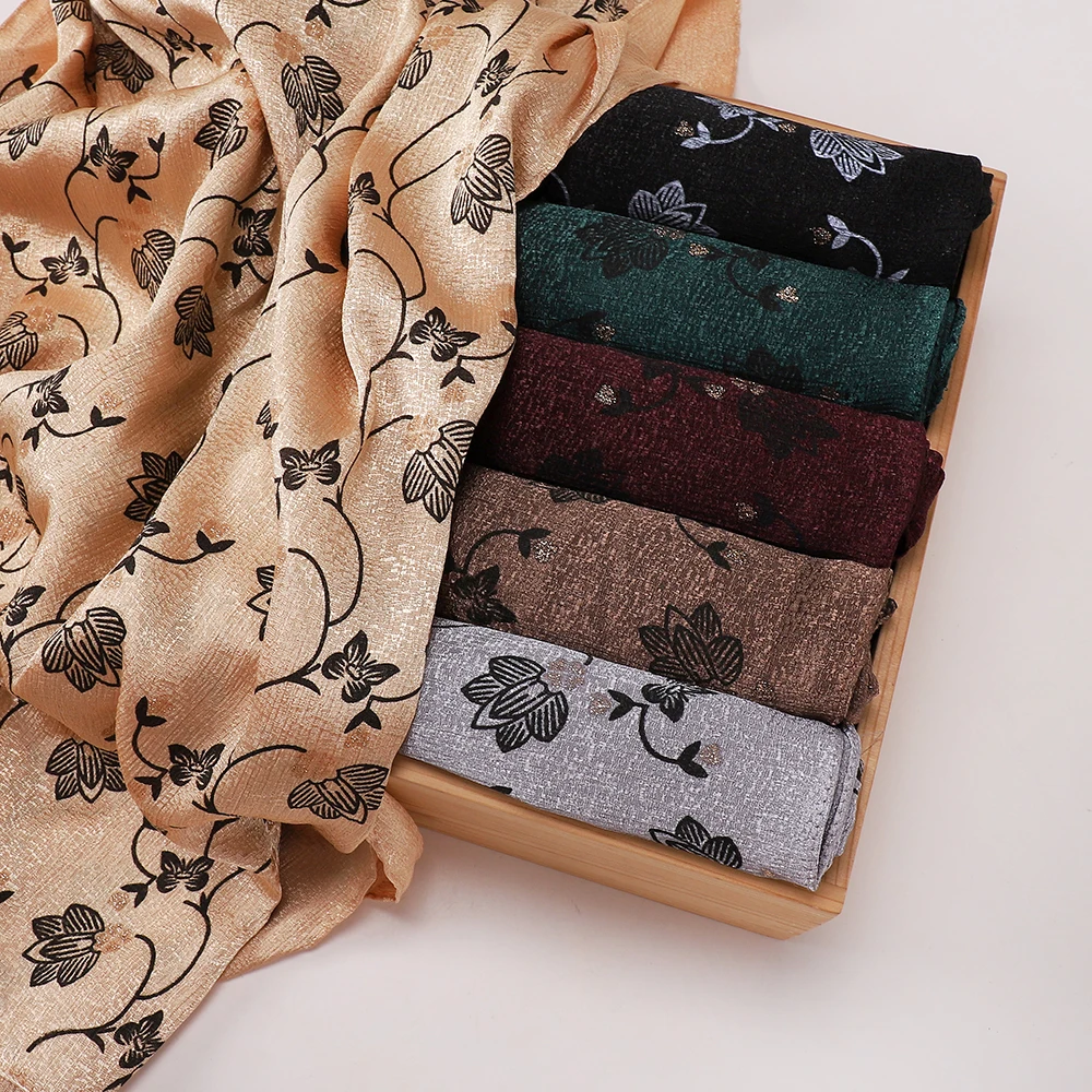Premium Retro Leaf Flower Print Scarf Glitter Satin Hijab Breathable Silky Islamic Ladies Head Cover Scarf Elegant Shawl