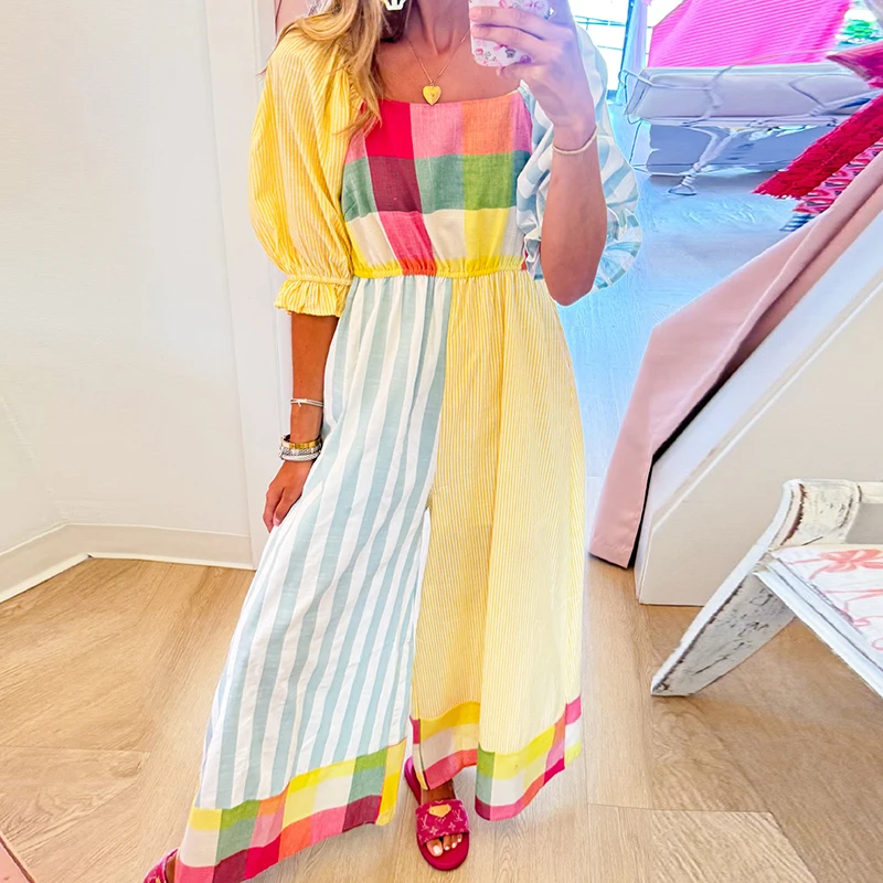Chic Contrast Striped High Waisted Jumpsuit Trendy Splice Loose Wide Leg Bodysuit Casual Square Neck Bubble Sleeve Office Romper