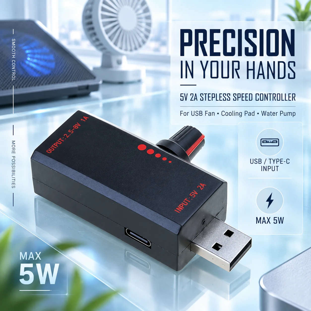 5W DC 5V 2A Fan Speed Controller Induction Speed Controller with Switch USB Protection Type-C USB Laptop Cell Phone Cooling