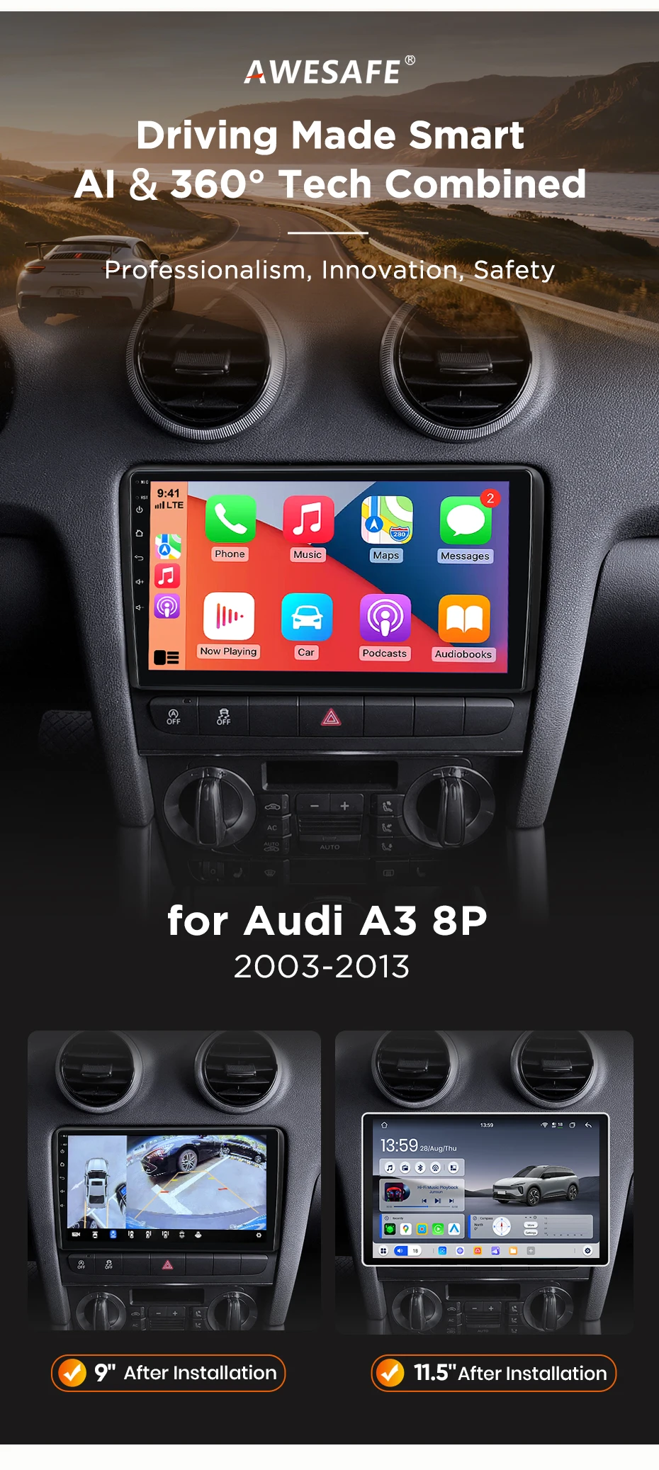 AWESAFE Kabelloses CarPlay Android Auto Radio für Audi A3 8P 2003 2004 2005-2013 Auto-Intelligentes System RDS GPS FM BT DSP SWC – Detail 4