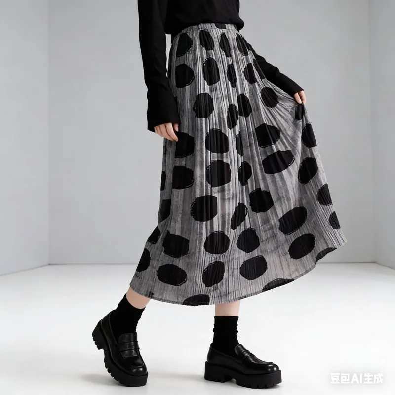 

Miyake плиссированная полуюбка 2026, весенняя новинка, ретро-бюстье в горошек, женская эластичная талия, тонкая плиссированная большая распашная длинная юбка