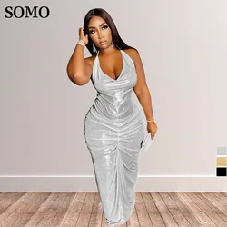 SOMO 2023 Summer Plus Size Women Clothing Sexy Backless Maxi Long Dresses Fashion Pleated Dress Solid Wholesale Dropshipping