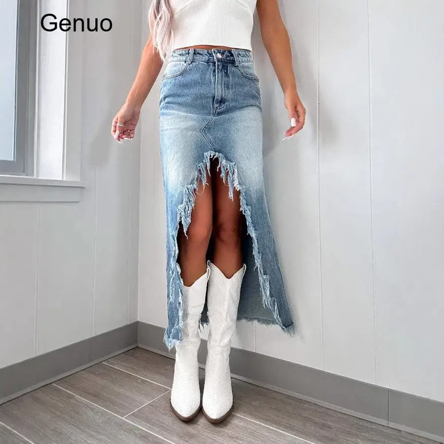 2026 High Waist Irregular Fringe Split Denim Maxi Skirt Vintage Distressed Raw Hem Long Jean Skirt