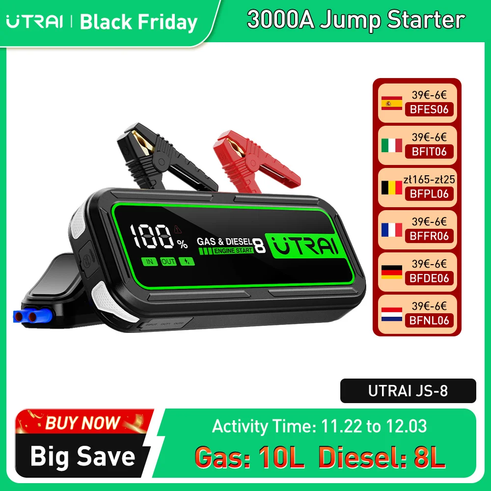 UTRAI  20000mAh Car Jump Starter Power Bank 3000A Car Booster Auto Emergency Starting Device Jump Start for Petrol Diesel