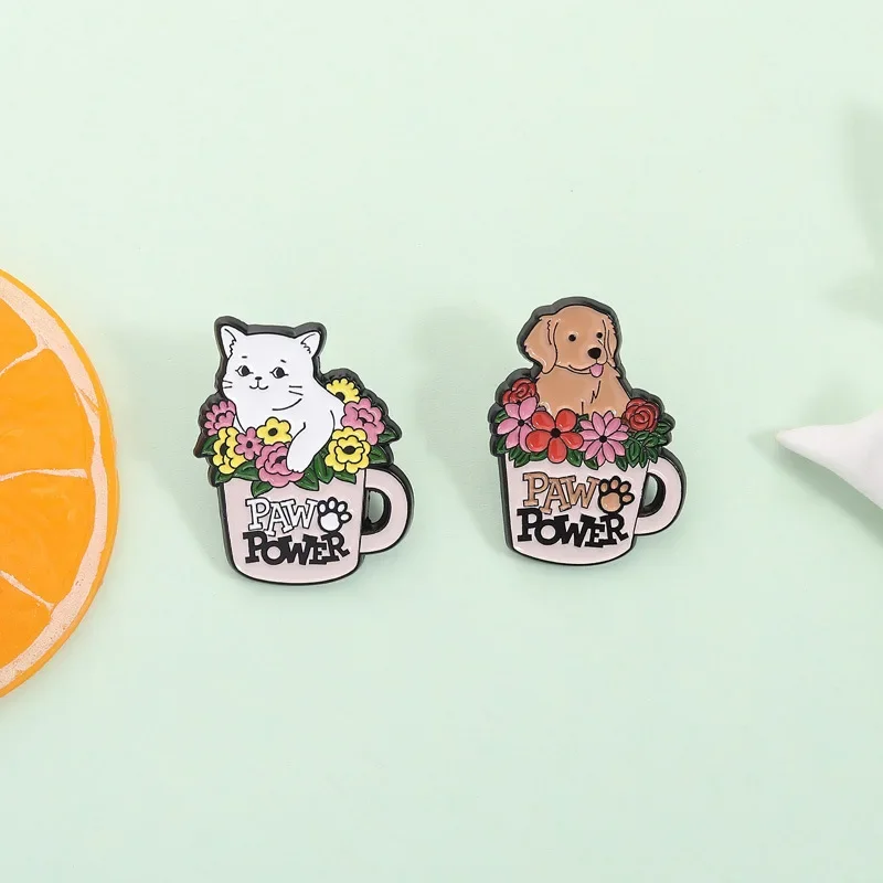Cute Cat Dog Flower Cup Shaped Brooch Cute Pet Baked Paint Badge PAW POWER Personalized Accessory Pin Couple Pins for Backpacks