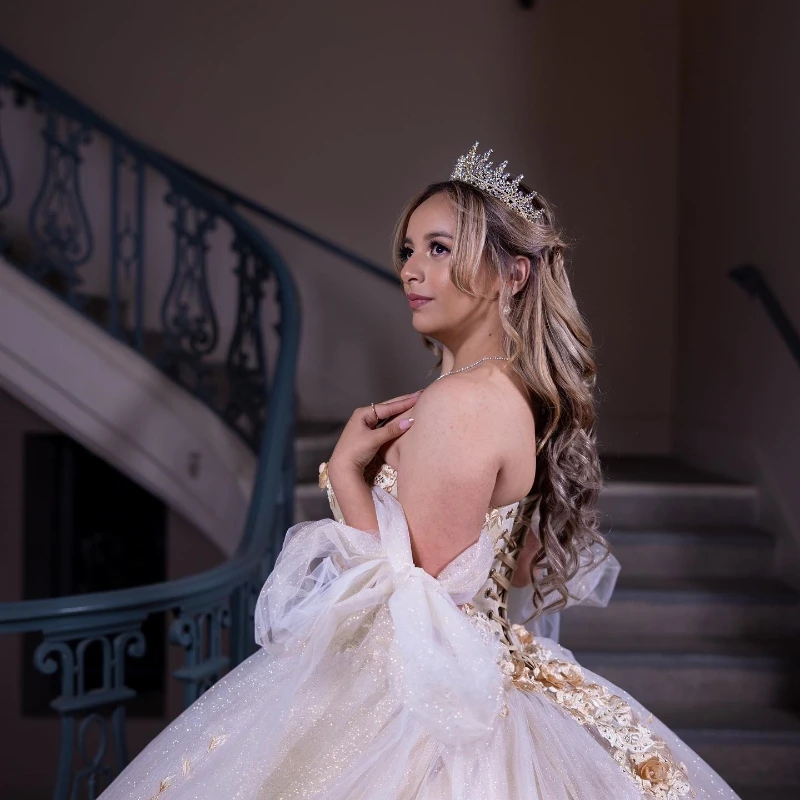 Lorencia szampańska błyszcząca sukienka na Quinceanera 2023 suknia balowa kochanie aplikacje kwiaty słodkie 16 sukienka Vestidos De Fiesta YQD244