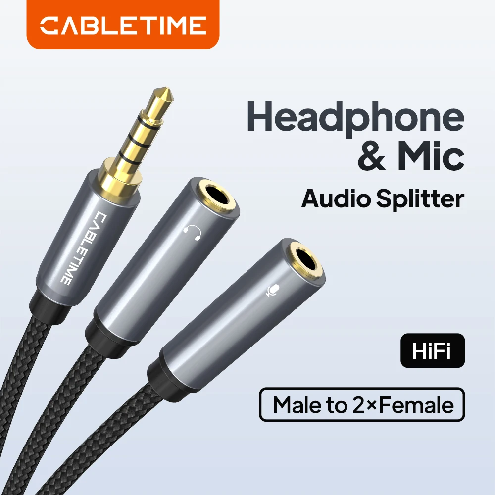 CABLETIME 3.5mm 2 Way Aux Male to Female Earphone Audio Adapter Cable for iPhone Laptop MP3 Headphone Splitter Cable For TV PS4