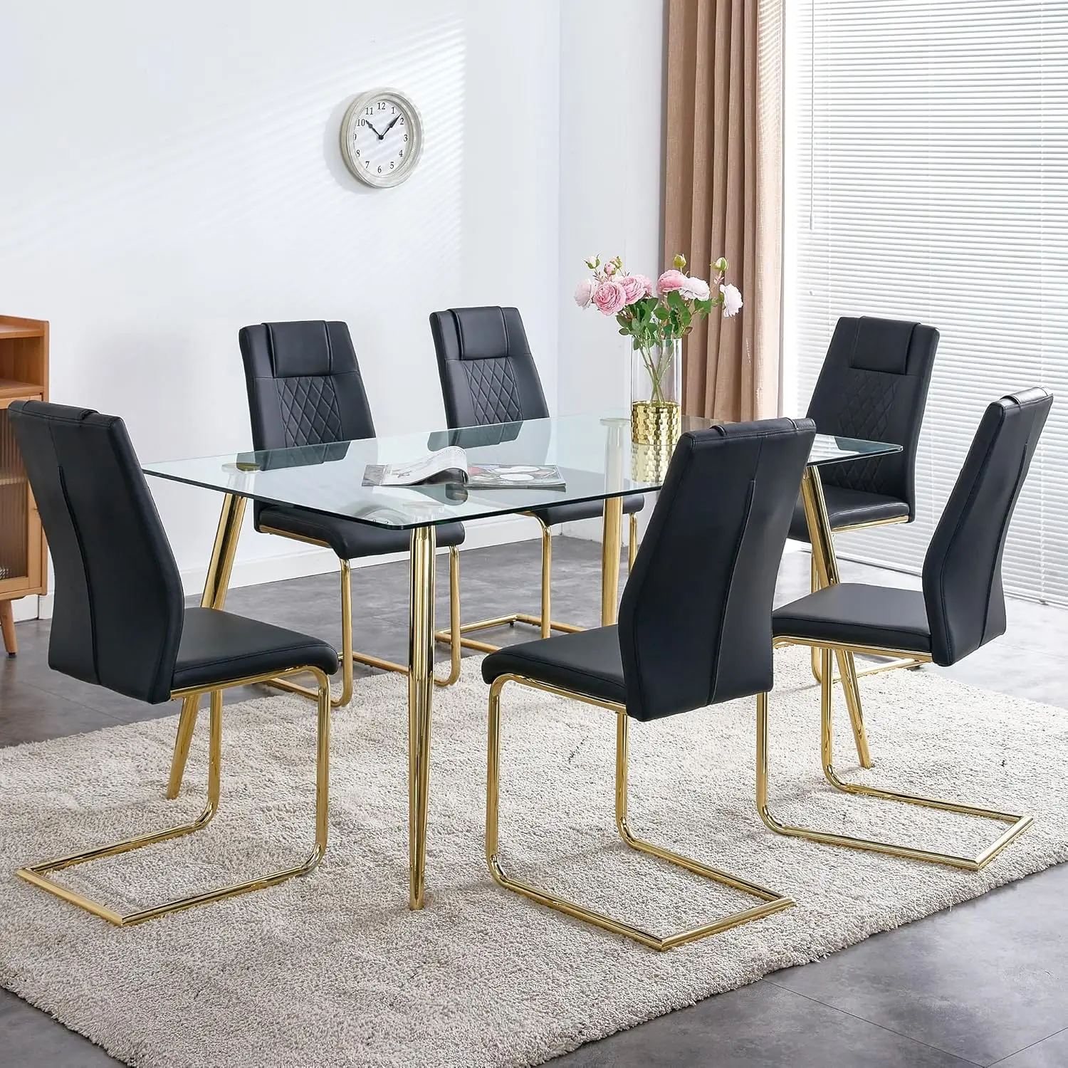 

51'' Glass Dining Table Set for 6,7 Piece Dining Table Set,Gray and Gold Table with PU Leather Upholstered Chairs