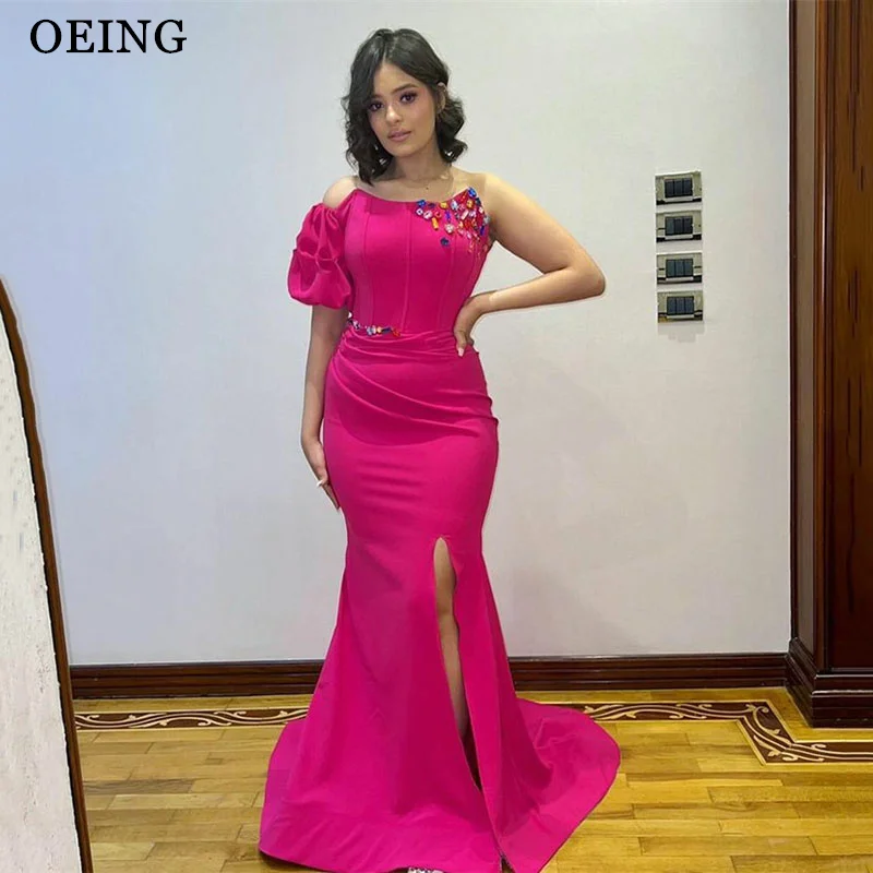 

OEING Fuchsia Elegant Mermaid Evening Dresses Simple One-Shoulder Appliques Pleated Ladies Satin Long Prom Gowns Wedding Party