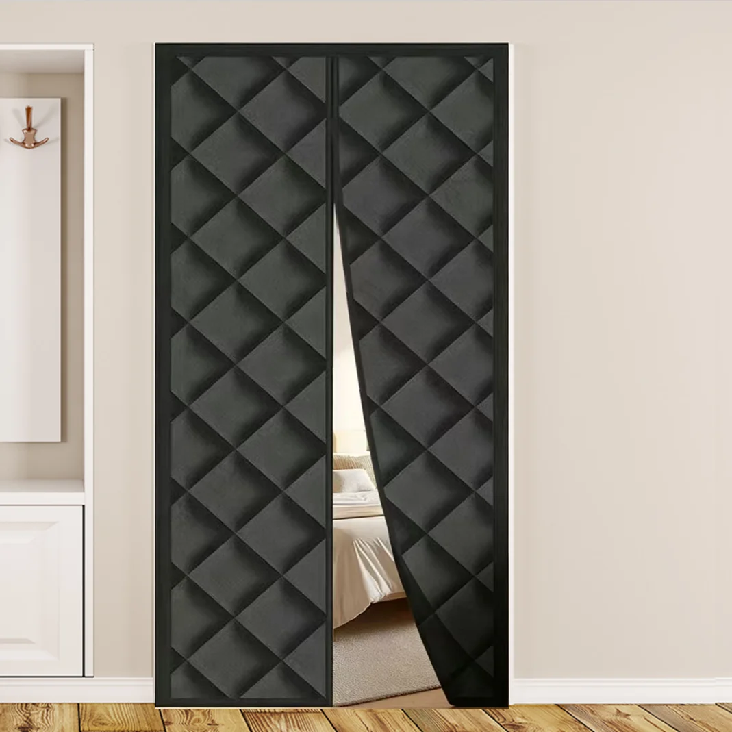 Black Winter Windproof Thermal Insulated Extra Thick Cotton Door Curtain with Magnetic Closure, No Drill Required for Home