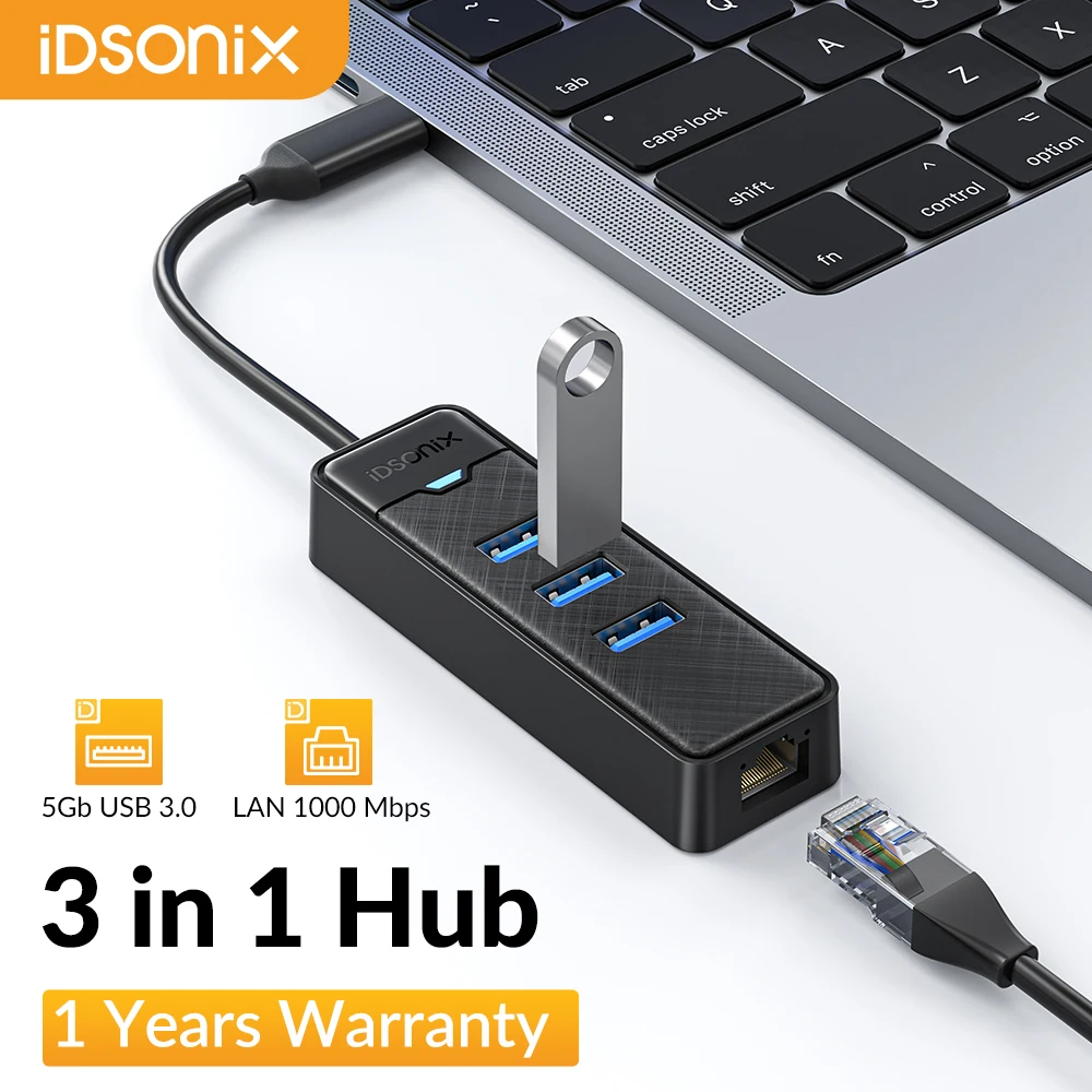 iDsonix USB 3.0 to Ethernet Adapter 3-Port USB 3.0 Hub with RJ45 10/100/1000 Gigabit Ethernet Adapter for Laptop Windows Mac OS
