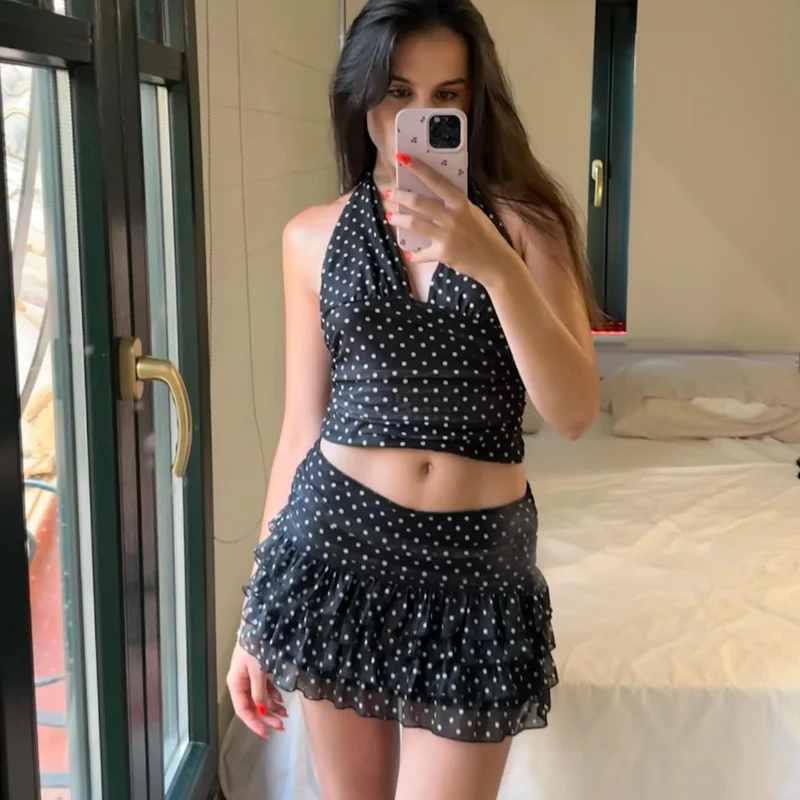 

Women Elegant Polka Dot Two Piece Set Sexy Halter Crop Top Trendy Ruffle Layered Mini Skirt Set 2026 New Club Party Streetwear