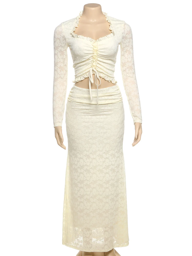 

Sisterlinda Ruched Trim 2 Piece Set Romantic French Square Neck Bandage Full Sleeve Tops+Stacked Maxi Skirts Mujer Sweet Outfits