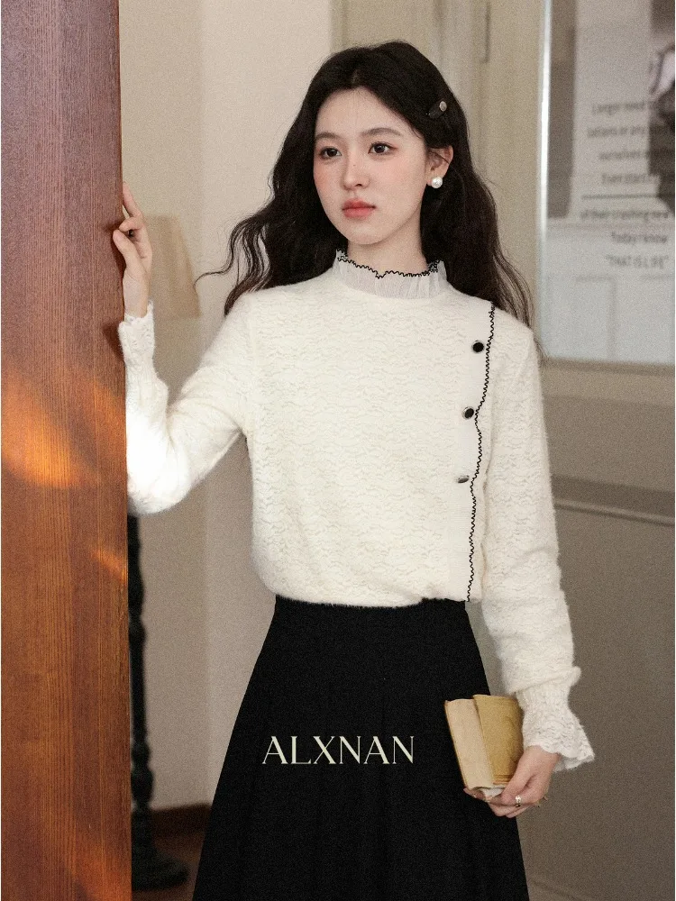

ALXNAN French Style Apricot Ruffled Lace Blouse Women's Autumn Winter Minimalist Casual Office Long Sleeve Top Female L59225