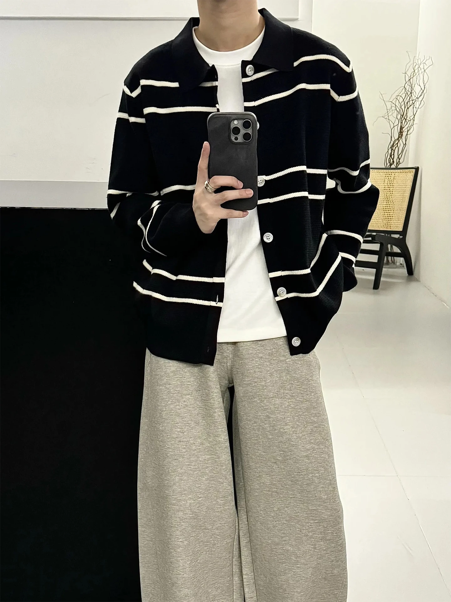 

Трикотаж в контрастную полоску, мужской осенне-зимний повседневный длинный свитер из смеси слева, теплый кардиган с открытой передней частью