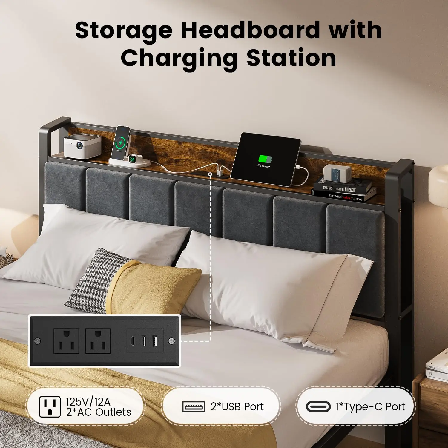 إطار سرير بحجم كوين مع أضواء LED، لوح رأسي منجد مع مساحة تخزين ومحطة شحن، منصة معدنية مع شرائح، بدون صندوق