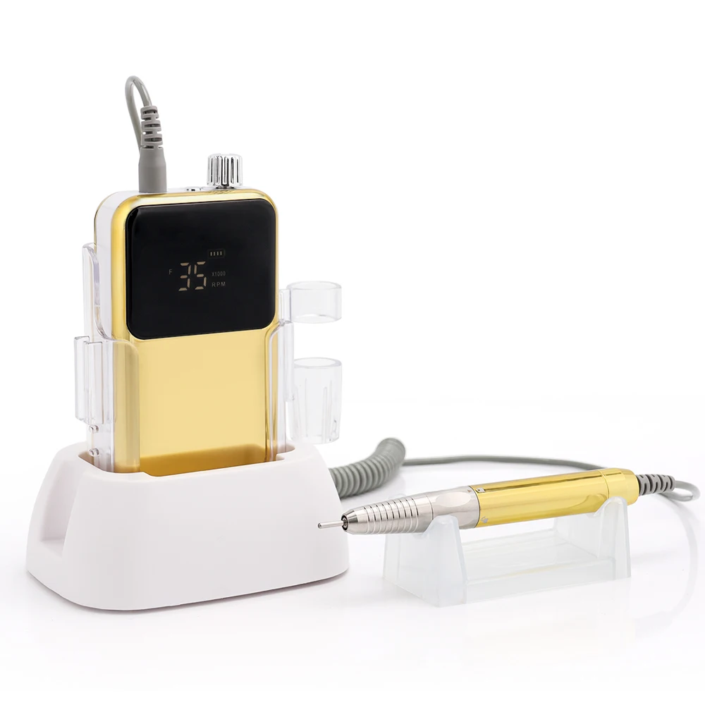 Private logo Portable Cordless Rechargeable Nail Drill Machine 35000 RPM Professional E File Electroplated Gold Color