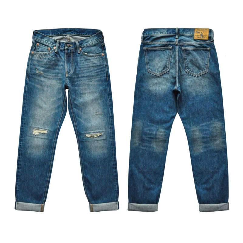 SAUCE ZHAN 315XX-SX01 Ripped Jeans Men Jeans Selvedge Denim  Jeans for Men Distressed Destroy Wash Taper Fit  15 Oz