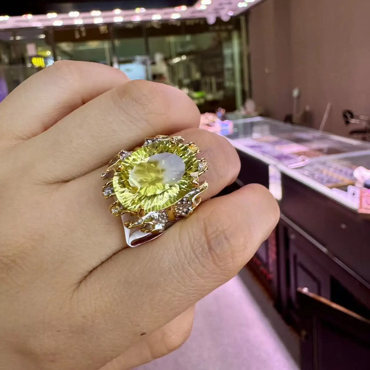 Natural Lemon Citrine Ring 925 Sterling Silver Two Tone Vintage Ring For Women Large Oval 13x18mm Gemstone Jewelry