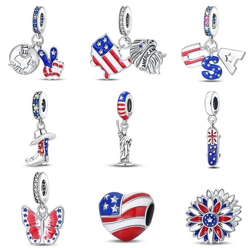 

925 Sterling Silver American Series Heart Shaped Flag Butterfly Eagle Charms Bead Fit Pandora Original Bracelet Fine DIY Jewelry