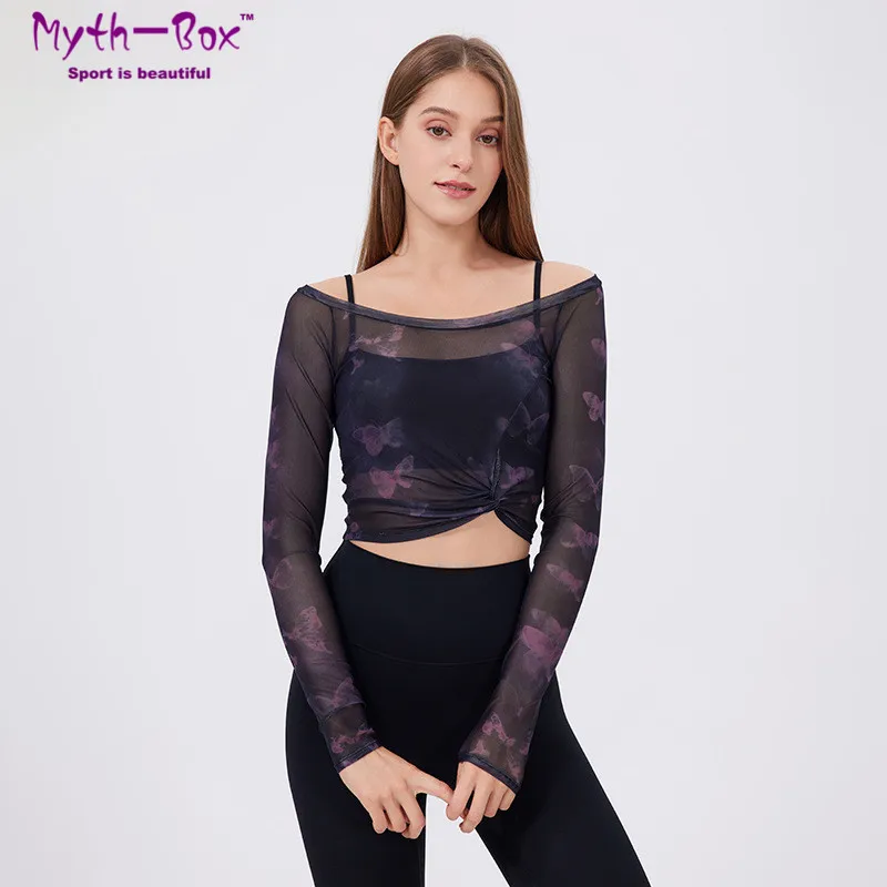 Women Padded Yoga Sports Shirts Fake Two-Piece Undershirts Thin Mesh Long Sleeves Running Sweatshirts Slim Gym Fitness Tops Bra