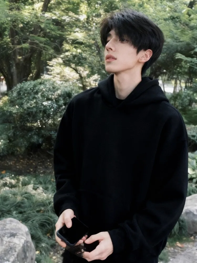 

Мужская черная флисовая толстовка с капюшоном, утепленная, оверсайз, в американском стиле, для многослойных образов, осенне-зимняя, модная, повседневная, уличная одежда