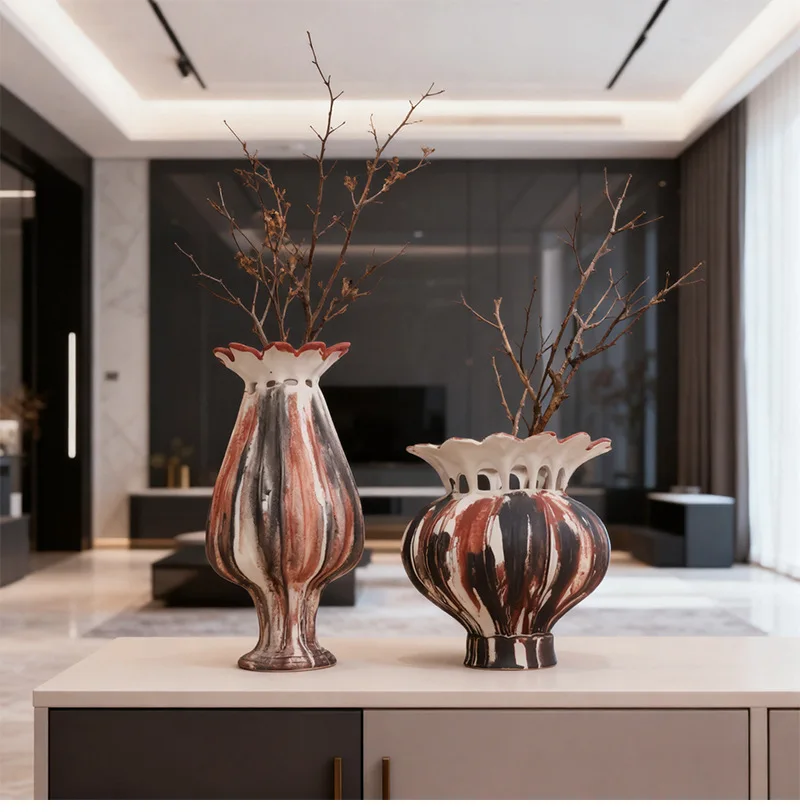 Wabi-sabi Style Soft Decoration with Ceramic Vases Modern Creative Hand-painted Color-blocking Pattern Decorative Ornaments