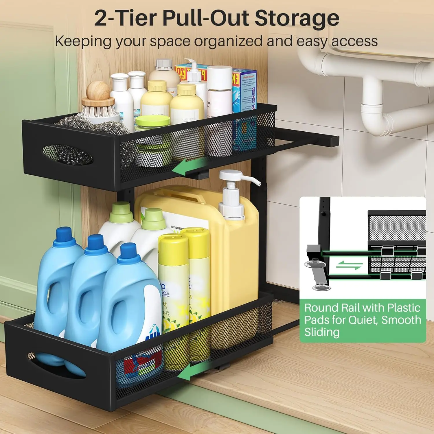 

Under Sink Organizer, 2 Pack 2 Tier Pull Out Cabinet Organizer Baskets With Mesh Sliding Drawers, Slide Out Sink Storage