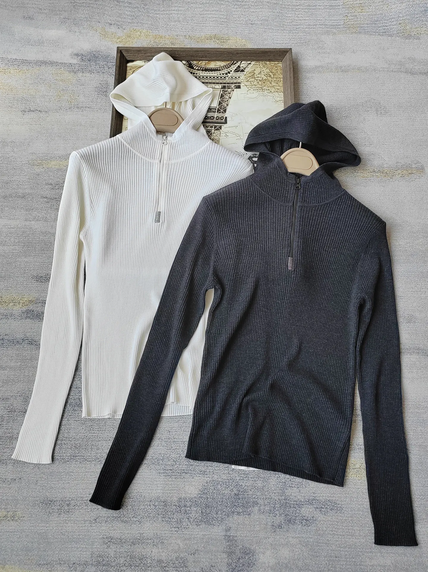 Women's 2026 Autumn Winter New 100% Wool Hooded Half Zipper Knitted Sweater Slim fit Top